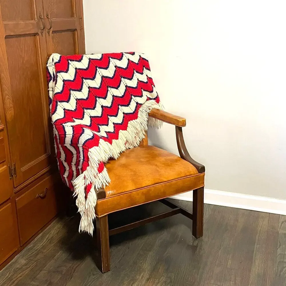 Vintage Handmade Zigzag Fringe Tassel Red White Blue Granny Afghan Throw